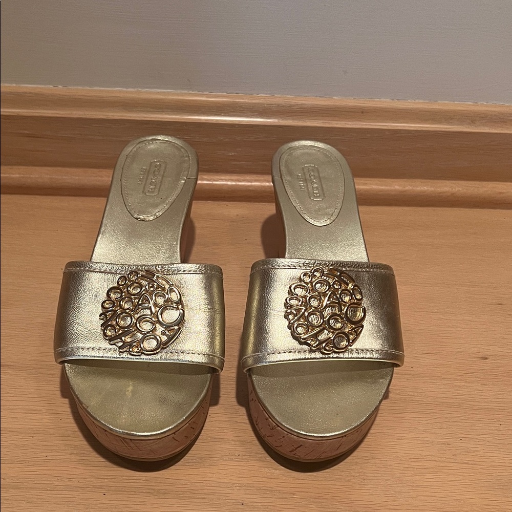 Coach Metallic Gold Slide Mules with Decorative Medallion